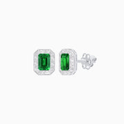 Art Deco Style Emerald Cut Stud Earrings with Baguette Diamond Halo - Shahin Jewelry